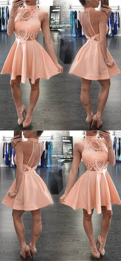High Neck Short Apricot Homecoming Dress with Lace Backless cg395