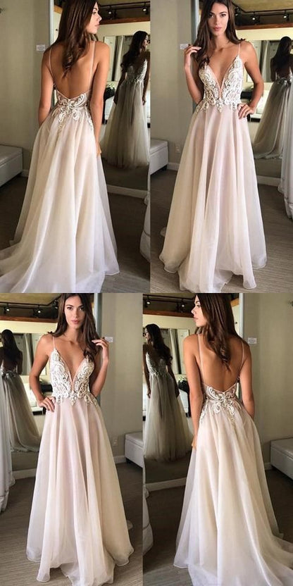 Deep V-neck Spaghetti Straps Lace Appliqued Beach Wedding Dress,Sexy Prom Dresses cg399