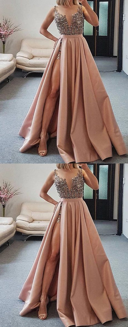Chic A-line V neck Dusty Pink Long Prom Dress With Beading Evening Dresses cg4008