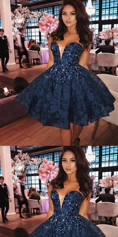 Dark Blue V-neck Pearl Lace Homecoming Dresses,Cheap Short homecoming Dresses cg426