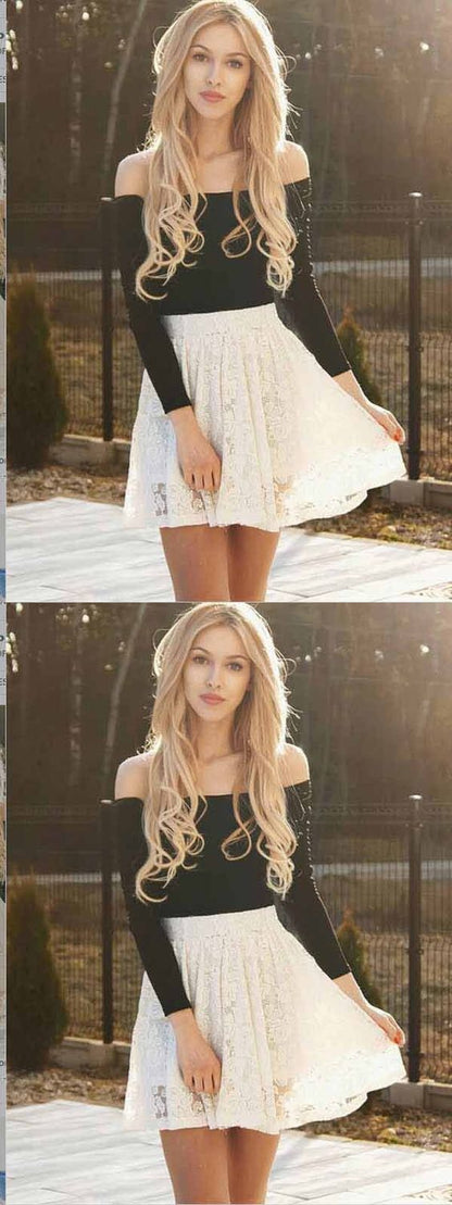 Two Piece Ivory Lace Long Sleeves Homecoming Dress ,Short homecoming Dresses cg429