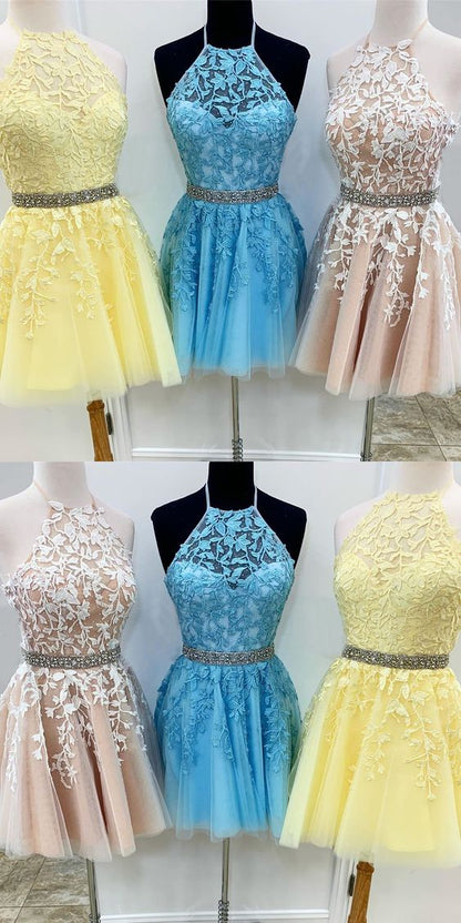 A Line Jewel Lace Up Back Yellow Homecoming Dress With Appliques Beading cg4308