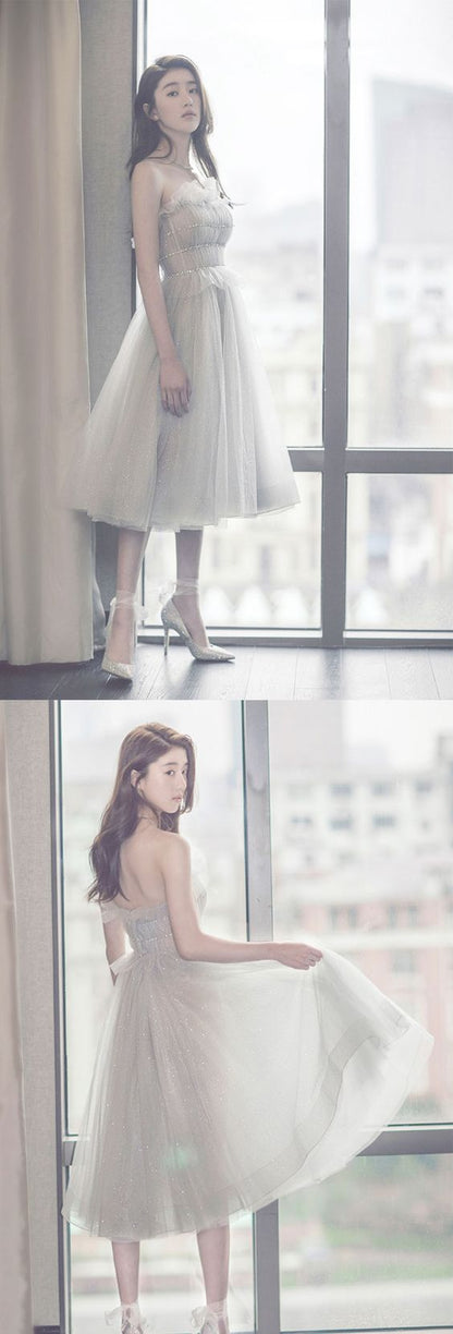 gray tulle strapless short dress, homecoming dress, bridesmaid dress cg4370