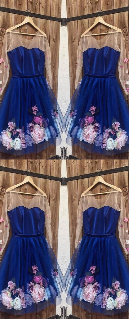 Long Sleeves 3D Floral Short Blue Dresses, Short Blue Formal Graduation Homecoming Dresses cg4513