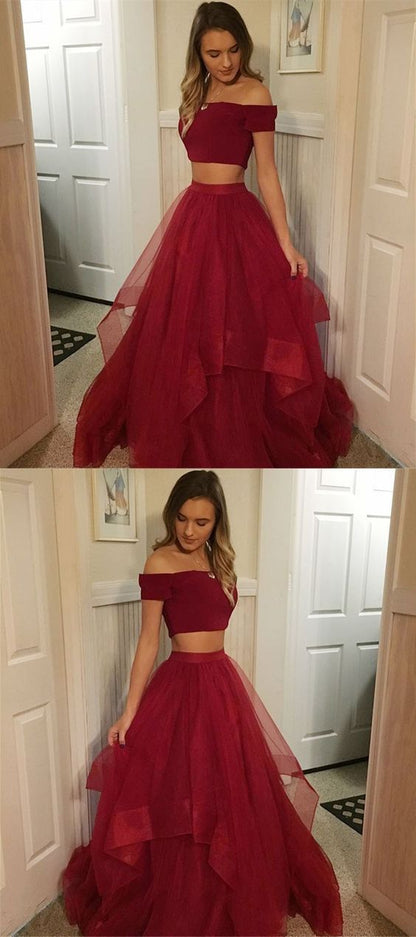 2019 Two Piece Prom Dresses Long, Burgundy Prom Dresses With Cap Sleeves cg457