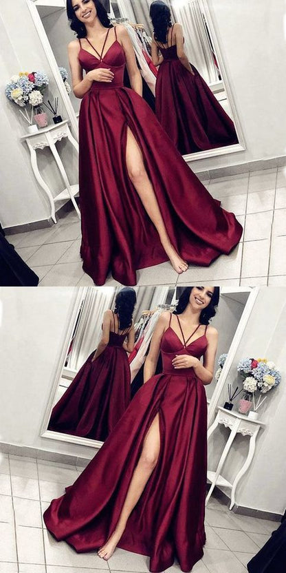 Chic Burgundy Spaghetti Strap Side Slit Backless Long Evening Prom Dresses cg458