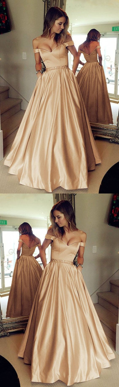 Champagne Satin Off Shoulder Beaded Sashes Satin Prom Dresses cg4619