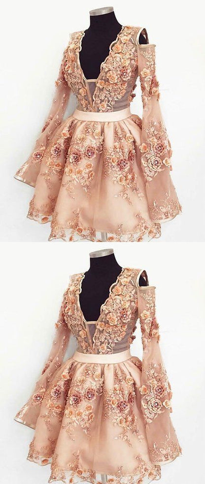 Cute champagne lace applique short homecoming dress cg463