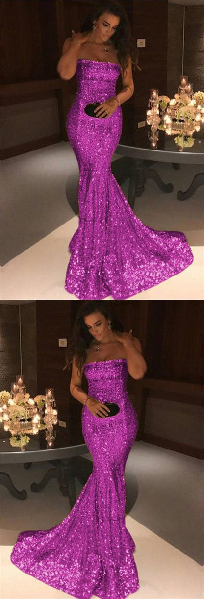 Long Purple Sequins Strapless Prom Dress Mermaid Evening Gowns cg4672