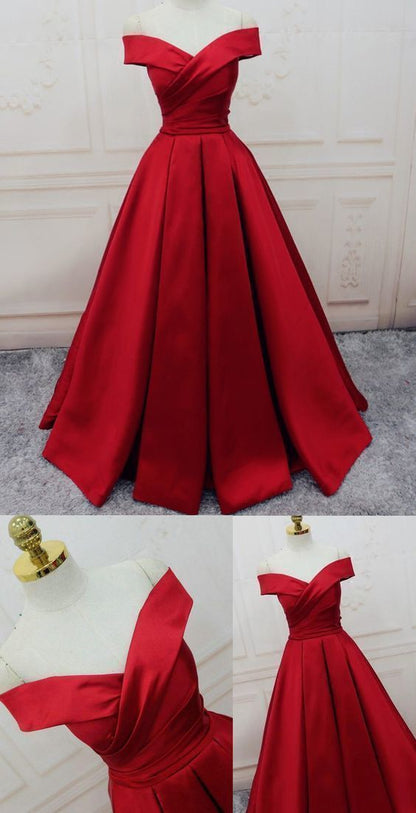 Evening Dresses, A-line/Princess Prom Dresses, Long Party Dresses, Off-the-shoulder red Long satin party dress  cg471