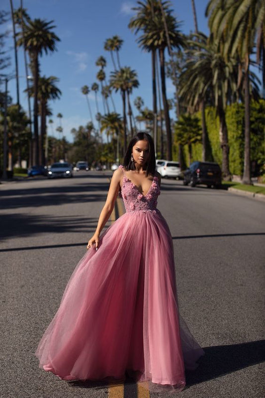 Dusty Pink Beaded Tulle Gown ï¼ Long Prom Dress cg5534