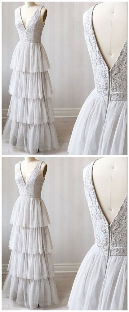 A Line V Neck Gray Lace Prom Dresses, V Neck Gray Lace Formal Graduation Bridesmaid Dresses cg5567