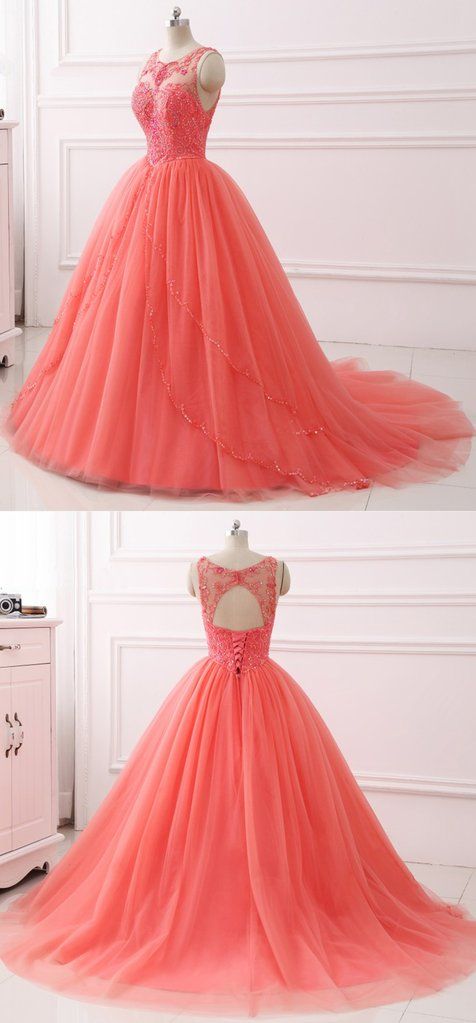 Coral Tulle Layered long Quinceanera Dress, Beaded Formal Prom Dress  cg5630