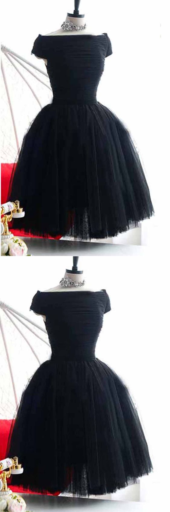 Simple black tulle off shoulder short A-line homecoming party dresses  cg5661
