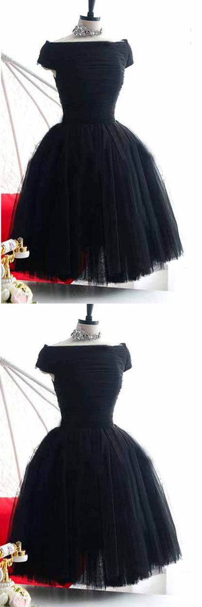 Simple black tulle off shoulder short A-line homecoming party dresses  cg5661