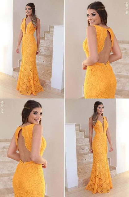 Yellow Lace Prom Dress, V-Neck Long Party Dress, Backless Mermaid Evening Dress   cg5709