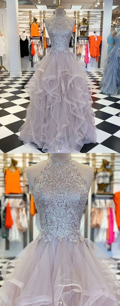 Unique high neck tulle lace long prom dress tulle formal dress  cg5741