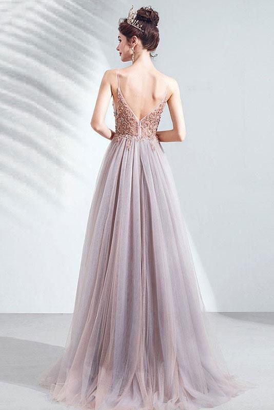 Elegant v neck tulle beads long prom dress tulle formal dress  cg5756