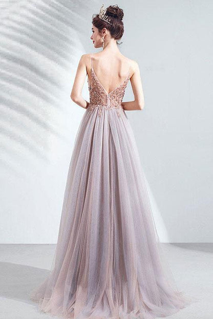 Elegant v neck tulle beads long prom dress tulle formal dress  cg5756