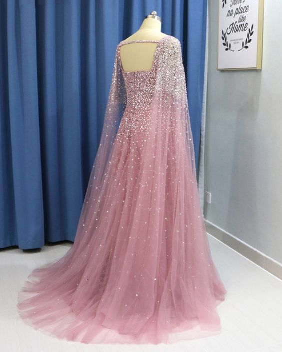 Pink Tulle Open Back Long Sleeve Sequins Evening Dress, Formal Prom Dress  cg5853
