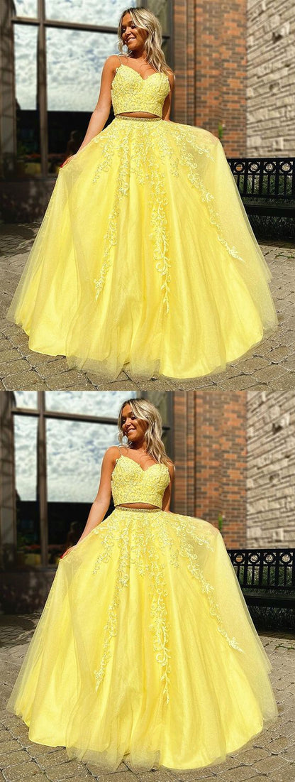 A Line V Neck 2 Pieces Yellow Lace Prom Dresses, Two Pieces Yellow Lace Formal Evening Dresses  cg5860