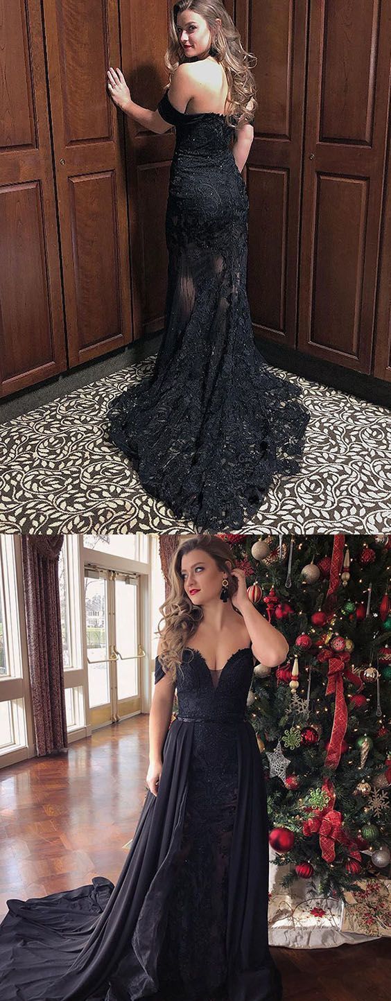 Prom Dresses Ball Gown, Off the Shoulder Black Lace Long Prom Evening Dress  cg5880