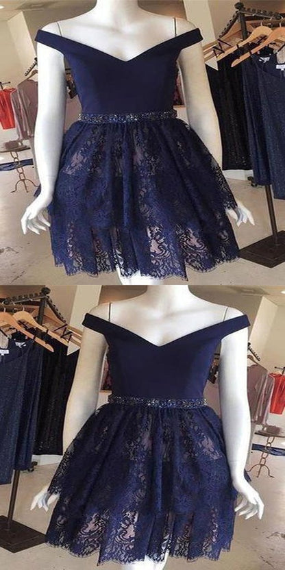 2019 A-Line Dark Navy Off Shoulder Lace Short Homecoming Dresses  cg591