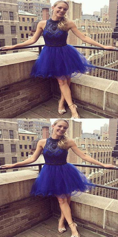Royal Blue Short Beading Homecoming Dresses With Halter Neckline,Affordable Homecoming Dresses  cg597