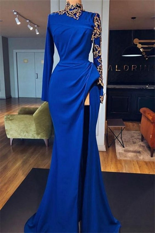 Royal Blue High Neck Side Slit Mermaid Prom Dressesï¼ Elegant Long Sleeves Appliques Evening Gowns  cg5972