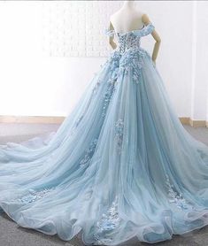 Blue tulle lace long prom gown, blue evening dress  cg6069