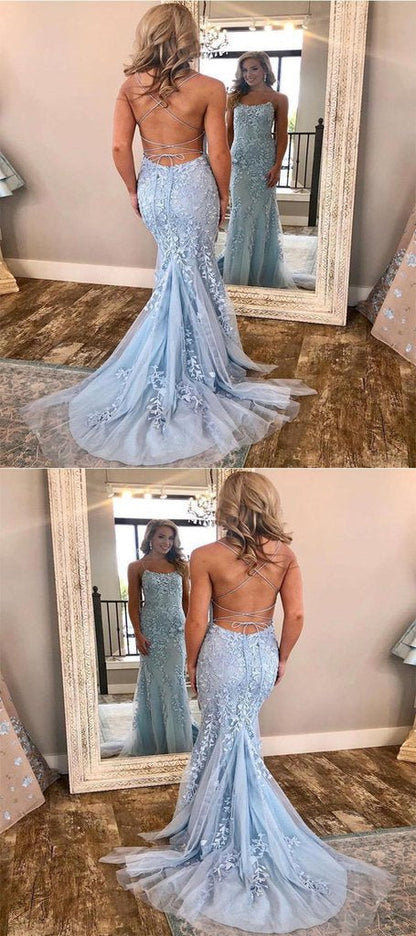 Sexy Mermaid Lace Blue Backless Long Prom Dresses cg611