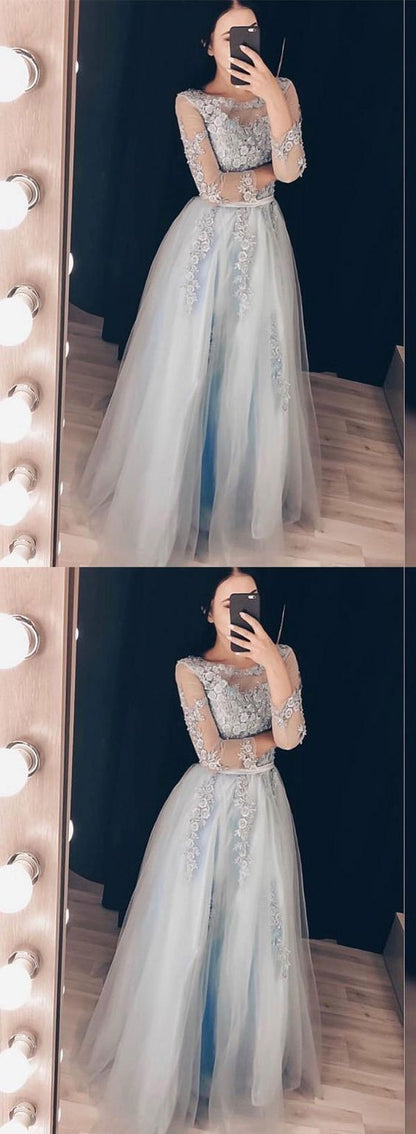 Gray tulle lace long prom dress, long sleeve evening dress   cg6157