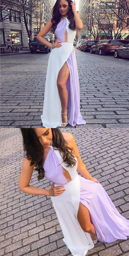 A-Line Halter Backless Keyhole Patchwork Long Prom Dress   cg6321