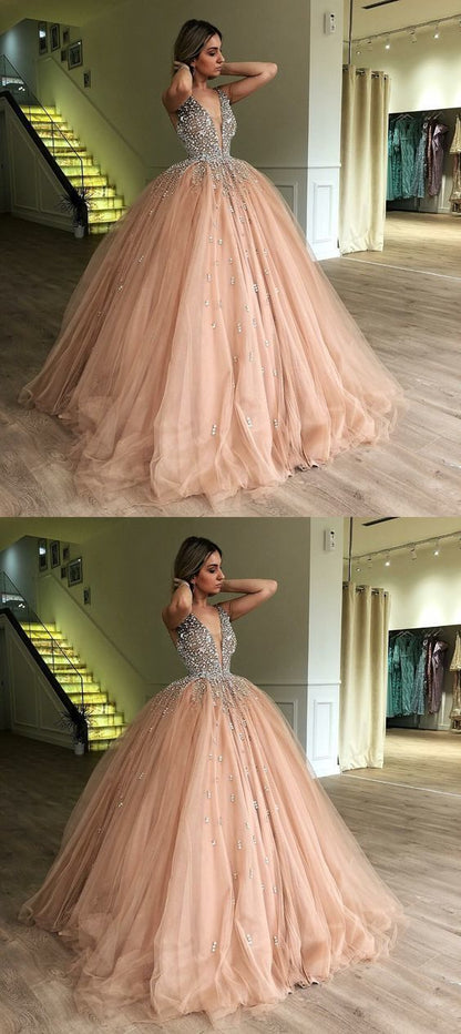 Ball Gown Deep V-Neck Low Cut Champagne Quinceanera Dress with Beading , sparkly prom dress  cg635