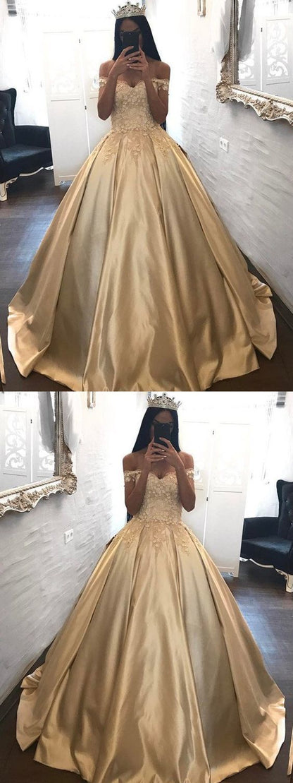 Sexy prom dress, satin long prom dress, gold prom dress, off shoulder ball gown cg636