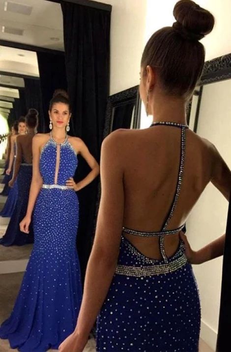 Halter Backless Sequins Long Satin Prom Dresses Evening Dresses  cg6364