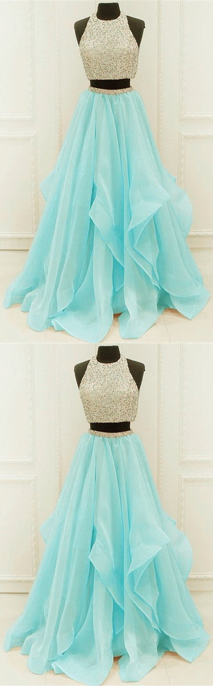 Chic Organza Ruffles Two Piece Prom Dresses With Sequins And Beads  cg6374