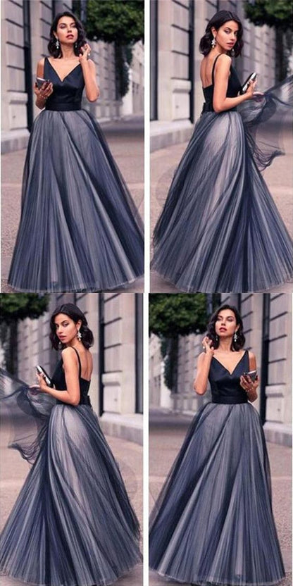 Modest Black Prom Dress,V Neck Tulle Prom Dress,Custom Made Evening Dress cg640