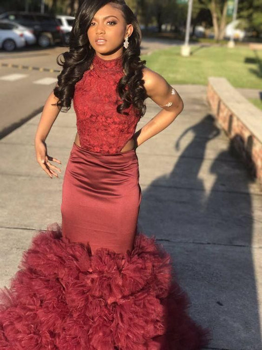 Charming Mermaid Burgundy Backless Ruffles High Neck Prom Dresses  cg6421