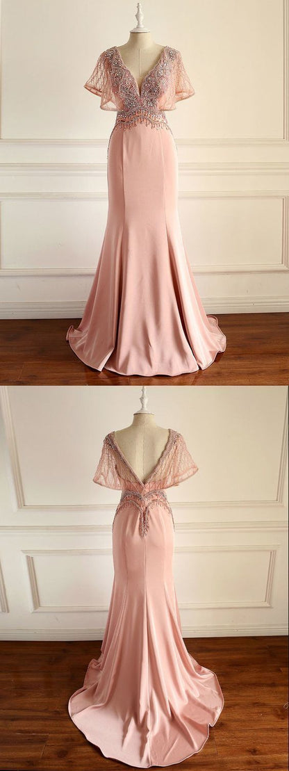 Chic V neck Mermaid Long Prom Dress Pink Beaded Party Dress   cg6467