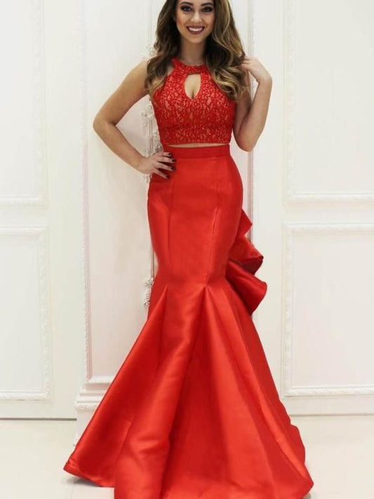 2 Pieces Lace Top Mermaid Satin Ruffles Prom Dresses  cg6474
