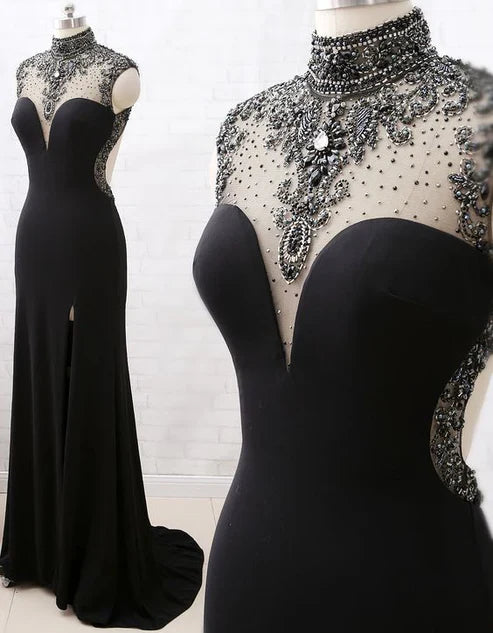 Black Beaded Turtleneck Formal Tulle Mermaid Evening Gown Prom dresses Party Dress with Slits gh4897