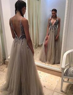 Grey Prom Dress Silver Beading, Ball Gown, Evening Dress,Birthday Party Gown,  cg6681