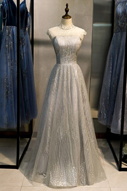 Gray Sequins Tulle O Neck Cap Sleeve Long Formal Prom Dress, Evening Dress  cg6910