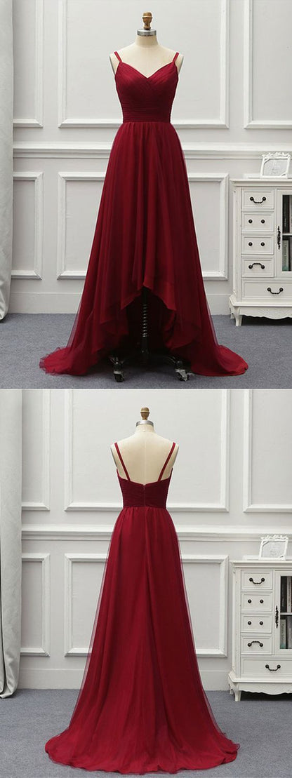 A Line High Low Backless Burgundy Tulle Long Prom Dresses   cg6928