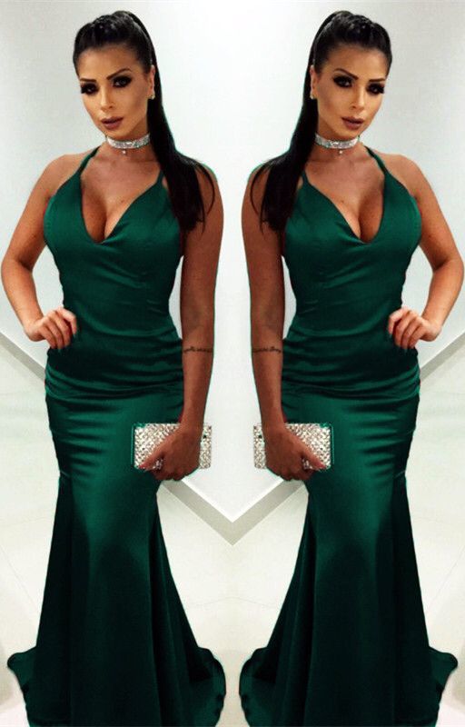 Long Satin V-neck Mermaid Evening Dresses Open Back Prom Gowns   cg6934