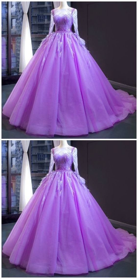 Purple Ball Gown Tulle Long Sleeve Beading Sequins Luxury Prom Dress  cg7012