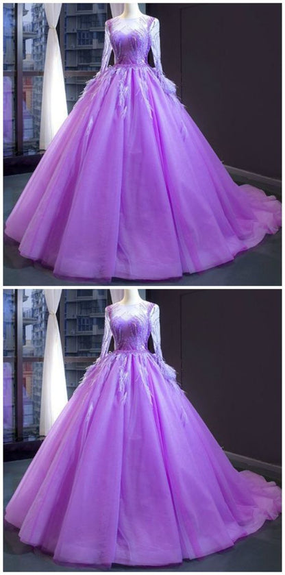 Purple Ball Gown Tulle Long Sleeve Beading Sequins Luxury Prom Dress  cg7012