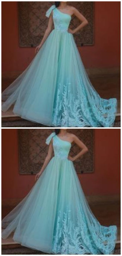 green prom dresses 2020 one shoulder pleats lace appliques a line tulle evening dresses gowns  cg7023