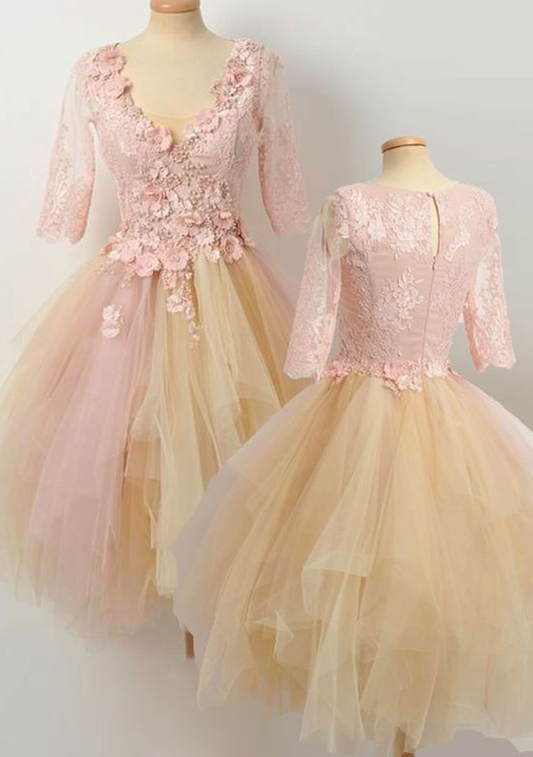 champagne lace tulle prom dress, cute dress  cg7113